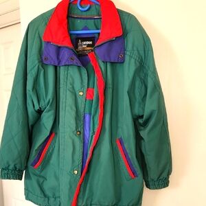 London Fog Green Jacket with Red and Blue Accents
